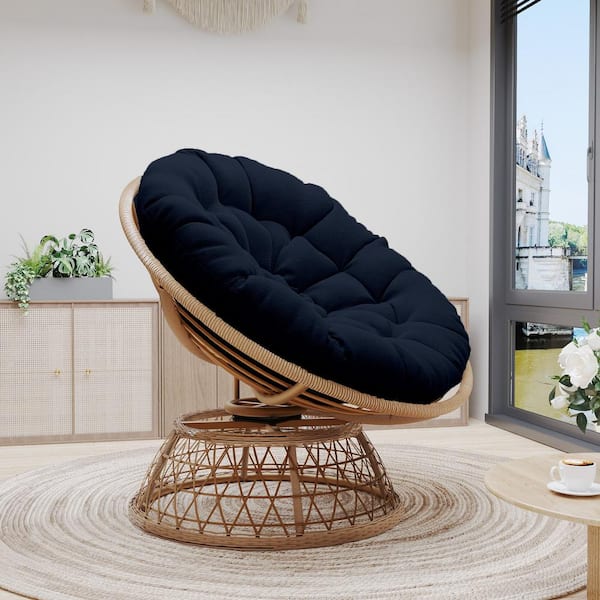Brown Wicker Outdoor Lounge Chair Papasan Chair with Dark Blue Cushion and 360 Swivel Base Large Saucer Chair