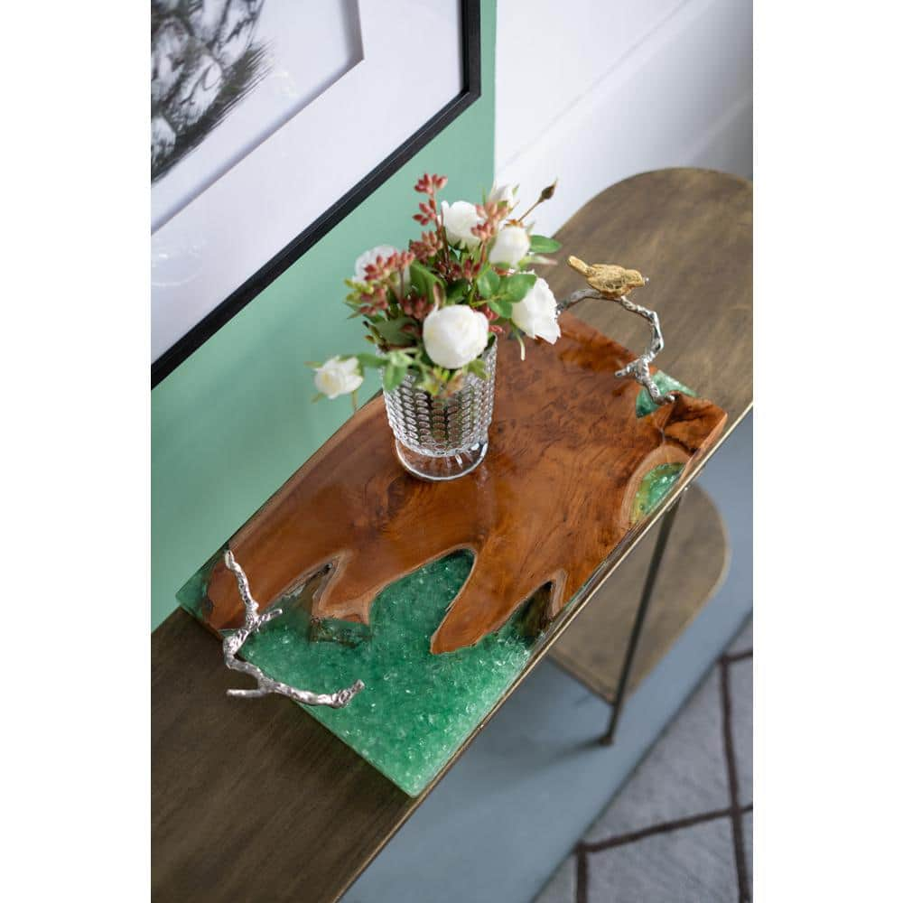 Brown Give Thanks Round Wood Tray with Black Metal Handle