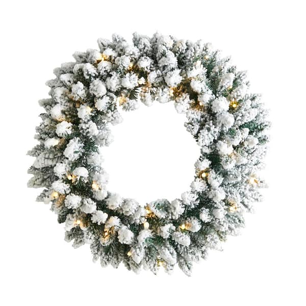 Nearly Natural 24 in. Prelit LED Flocked Artificial Christmas Wreath with 160 Bendable Branches and 35 Warm White LED Lights