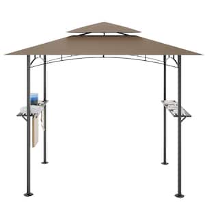 8 ft. x 5 ft. Khaki Iron Double Tiered Top Outdoor Grill Gazebo with Bar Counter Height Shelves, Barbeque Grill Canopy