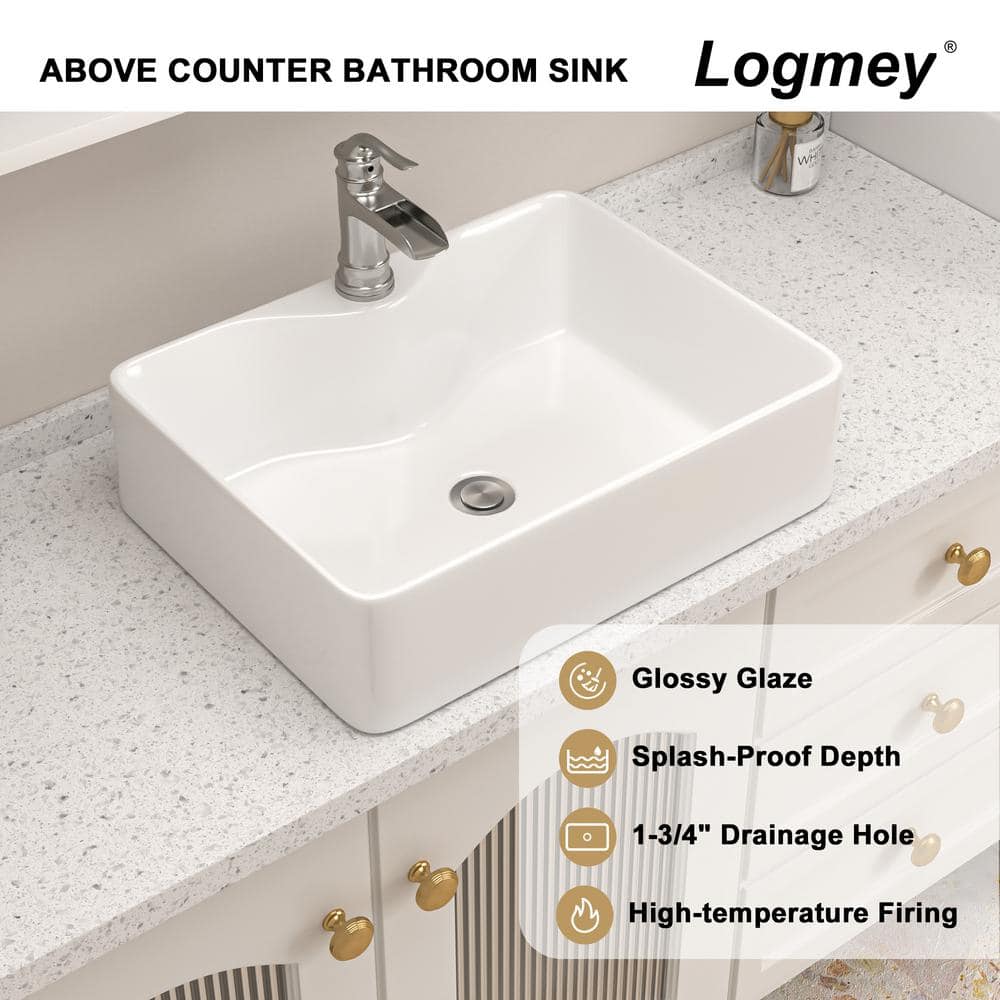 19'' White Gloss Rectangular Ceramic Vessel Sink