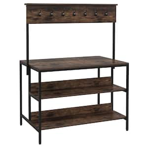 Keenyah Black Brown 3-Shelf Metal 44.5 in. W Baker's Rack Kitchen Island Table Coffee Bar Table with Open Back 14 Hooks