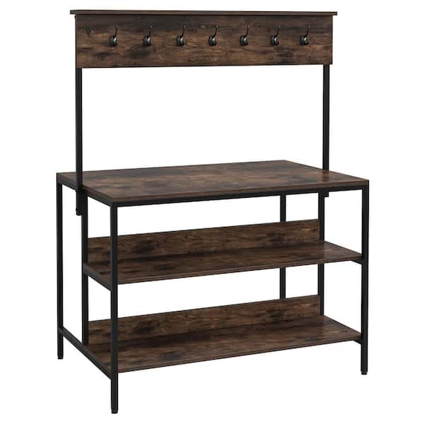 BYBLIGHT Keenyah Black Brown 3-Shelf Metal 44.5 in. W Baker's Rack Kitchen Island Table Coffee Bar Table with Open Back 14 Hooks