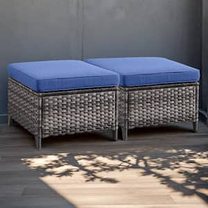 Gray Wicker Outdoor Ottoman with Blue Cushions (2-Pack)