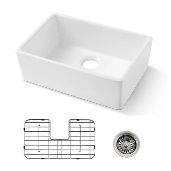 24 in. Farmhouse Single Bowl White Ceramic Kitchen Sink with Bottom Grids