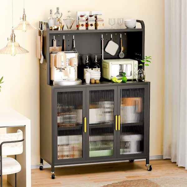 Gray Metal Kitchen Cart with Wheel 4 Tier Metal Baker s Rack Kitchen Pantry Cabinet Storage Hutch 5009994040 The Home Depot