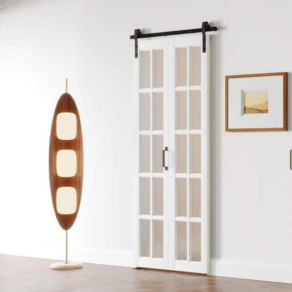 30in x 84in 10 Lite, Frosted Glass, White, MDF, Bi-Fold Style, Pre-assembled Panel Sliding Barn Door with Hardware Kit