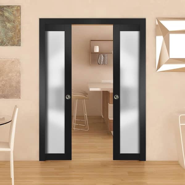 72 in. x 96 in. 1-Panel Black Finished Solid Wood Sliding Door with Double Pocket Hardware