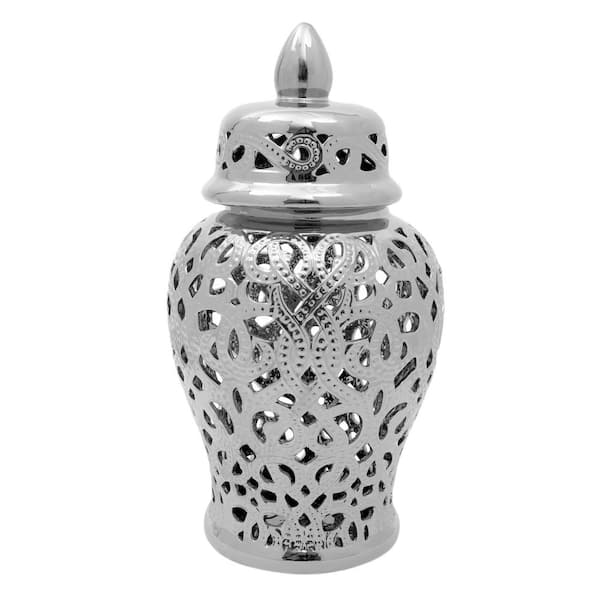 Oriental Furniture 18 in. Spiral Lattice Temple Jar - Silver