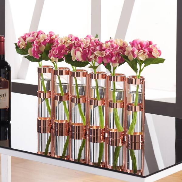DANYA B 8 in. H. Glass Decorative Vase -Tube Hinged Vases on Rings Stands Metallic Rose Gold
