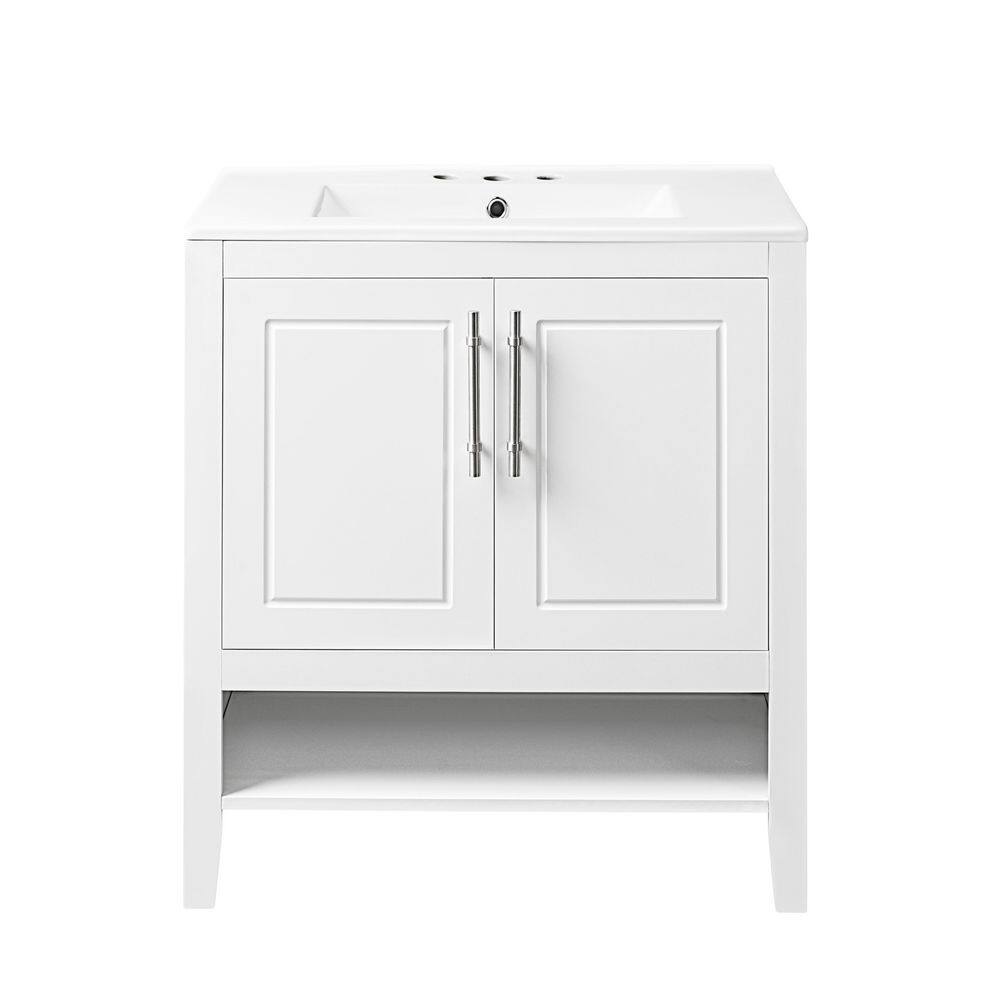 30 in. Solid Wood Frame Bath Vanity in White with White Ceramic Top, Multi-Functional Drawers price history on PriceWatchPro