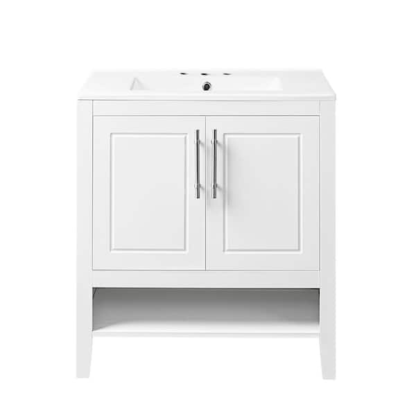 30 in. Solid Wood Frame Bath Vanity in White with White Ceramic Top, Multi-Functional Drawers