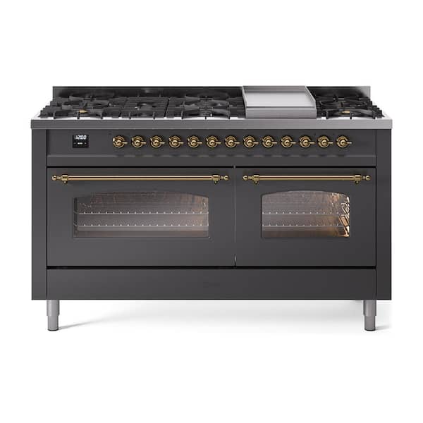 Nostalgie II 60 in. 9 Burner+Griddle Freestanding Double Oven Dual Fuel Range in Matte Graphite with Brass