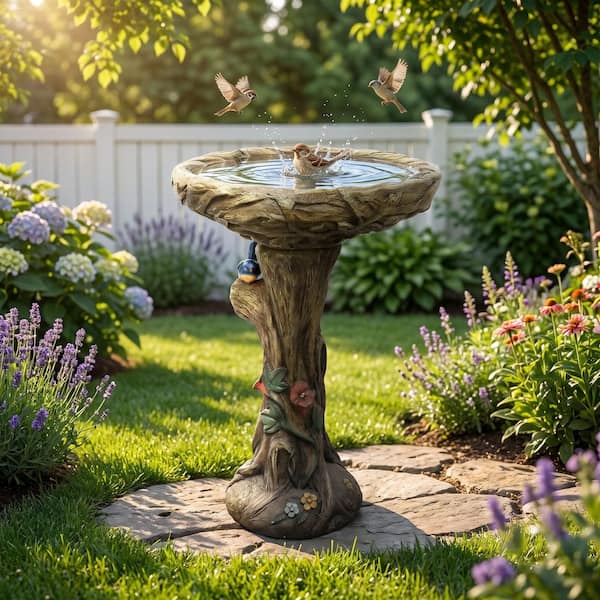 25. 5in. Cement Outdoor Garden Birdbath with Birds, Woodland Tree Trunk Decor Yard Statue, Pedestal Birdbaths for Garden