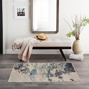 Celestial Ivory/Teal doormat 2 ft. x 4 ft. Abstract Modern Kitchen Area Rug