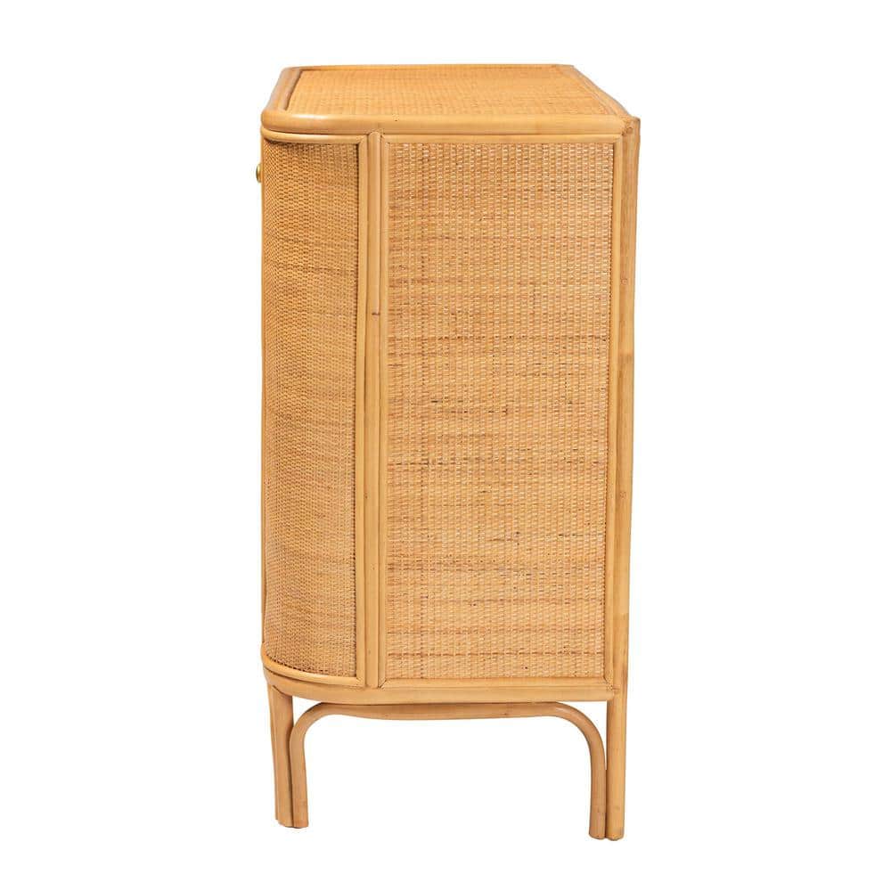 Natural Brown Rattan 2-Door Storage Cabinet with Gold Knobs