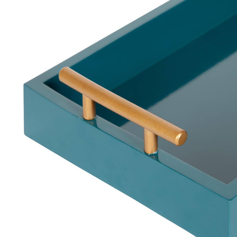 Teal and Gold Rectangular Wood Tray Set with Metal Handles