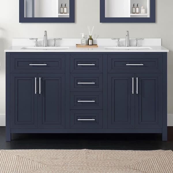Beaufort 60 in. Double Sink Midnight Blue Bath Vanity with White Engineered Stone Top (Assembled)