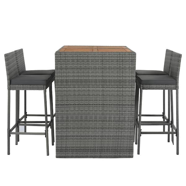 Unbranded 5-Piece Wicker Outdoor Bistro Set with Non-Slip Feet and Fixed Rope, with Gray Removable Cushion, Acacia Wood Table Top
