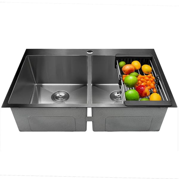 All-in-One Gunmetal Matte Black Finish Stainless Steel 33 in. Double Bowl Drop-In Kitchen Sink with Pull-down Faucet