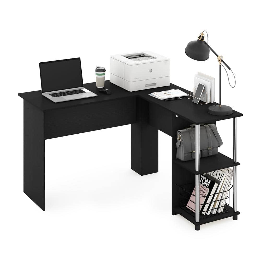 Americano Wood and Chrome L-Shaped Computer Desk with Open Shelves