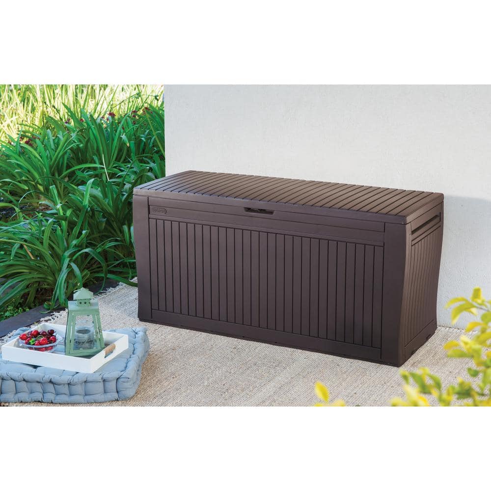 Espresso Brown Lockable Plastic Wicker Deck Box with Wheels