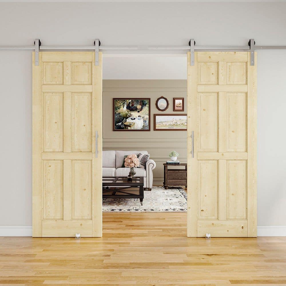 64 in. x 80 in. (Double 32 in. ) 6-Panel Solid Pine Wood Unfinished Sliding Barn Door with Hardware Kit Nickel Plated price history on PriceWatchPro