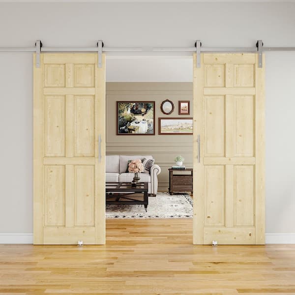 64 in. x 80 in. (Double 32 in. ) 6-Panel Solid Pine Wood Unfinished Sliding Barn Door with Hardware Kit Nickel Plated