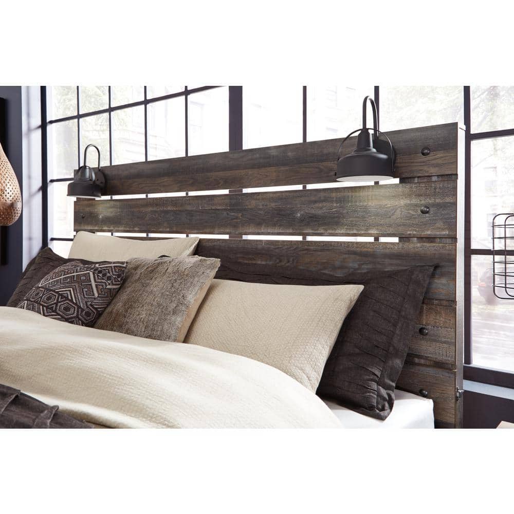 Rustic Queen Storage Bed with Built-In Sconces and USB Ports - Brown