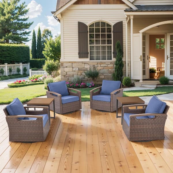 Kelsey Blue 6-Piece Brown Wicker Patio Conversation Set with Swivel Rocking Chairs and Side Table