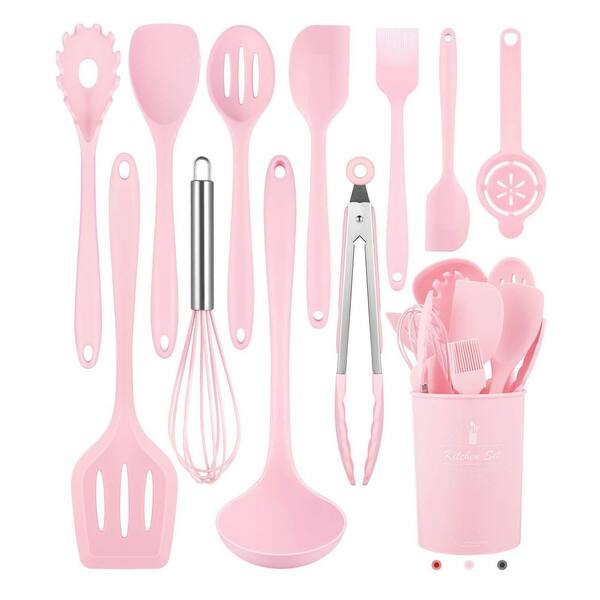 12-Piece Silicone Kitchen Utensils Set, 392°F Heat Resistant Spatula Set, Nonstick Cookware, Dishwasher Safe, Pink