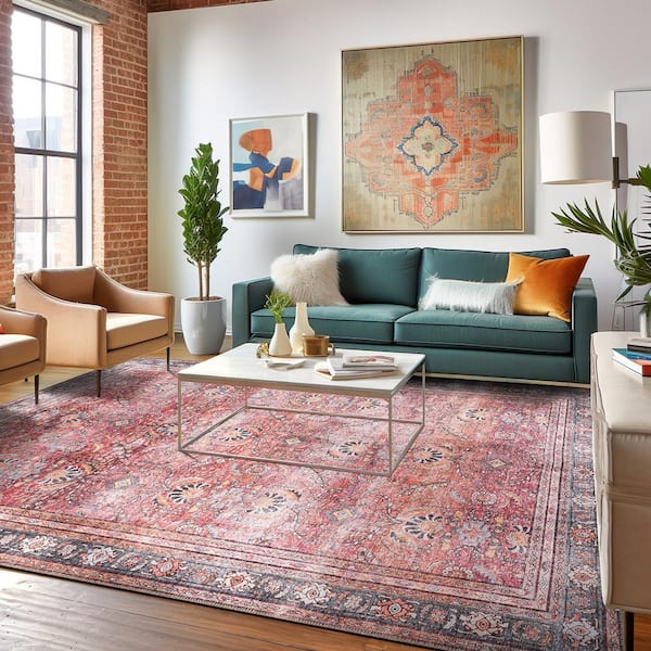 Vintage Inspired Machine Washable Non Slip Red 6 ft. 6 in. x 9 ft. Area Rug