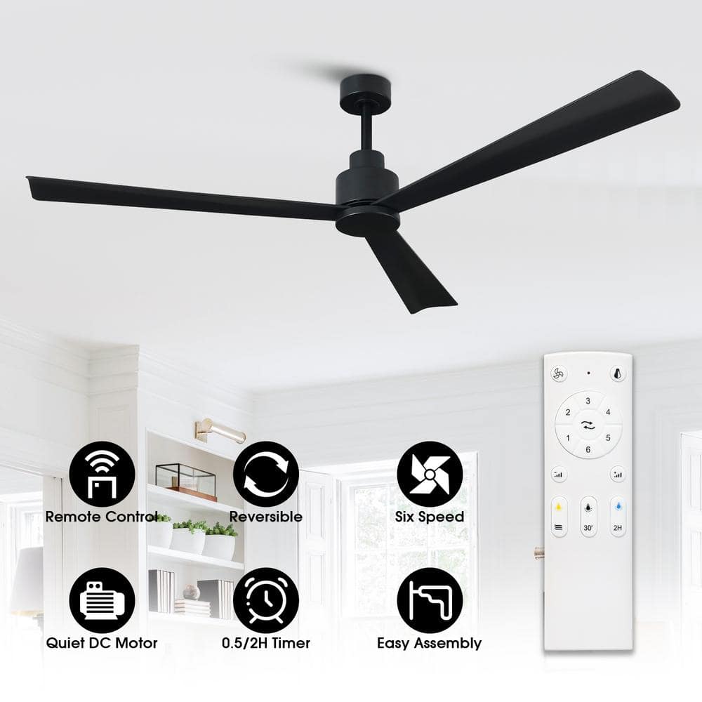 52-Inch Matte Black Reversible 3-Blade Ceiling Fan with Remote
