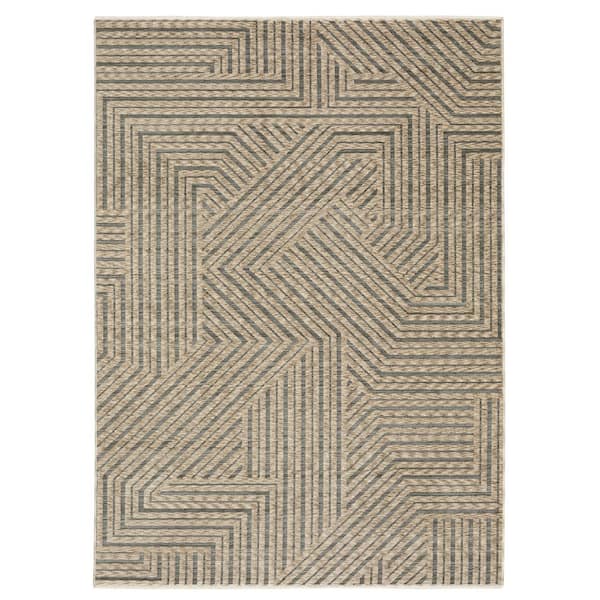 Eclipse Beige/Gray 7 ft. x 10 ft. Geometric Stripe Polyester Fringe-Edge Indoor Area Rug