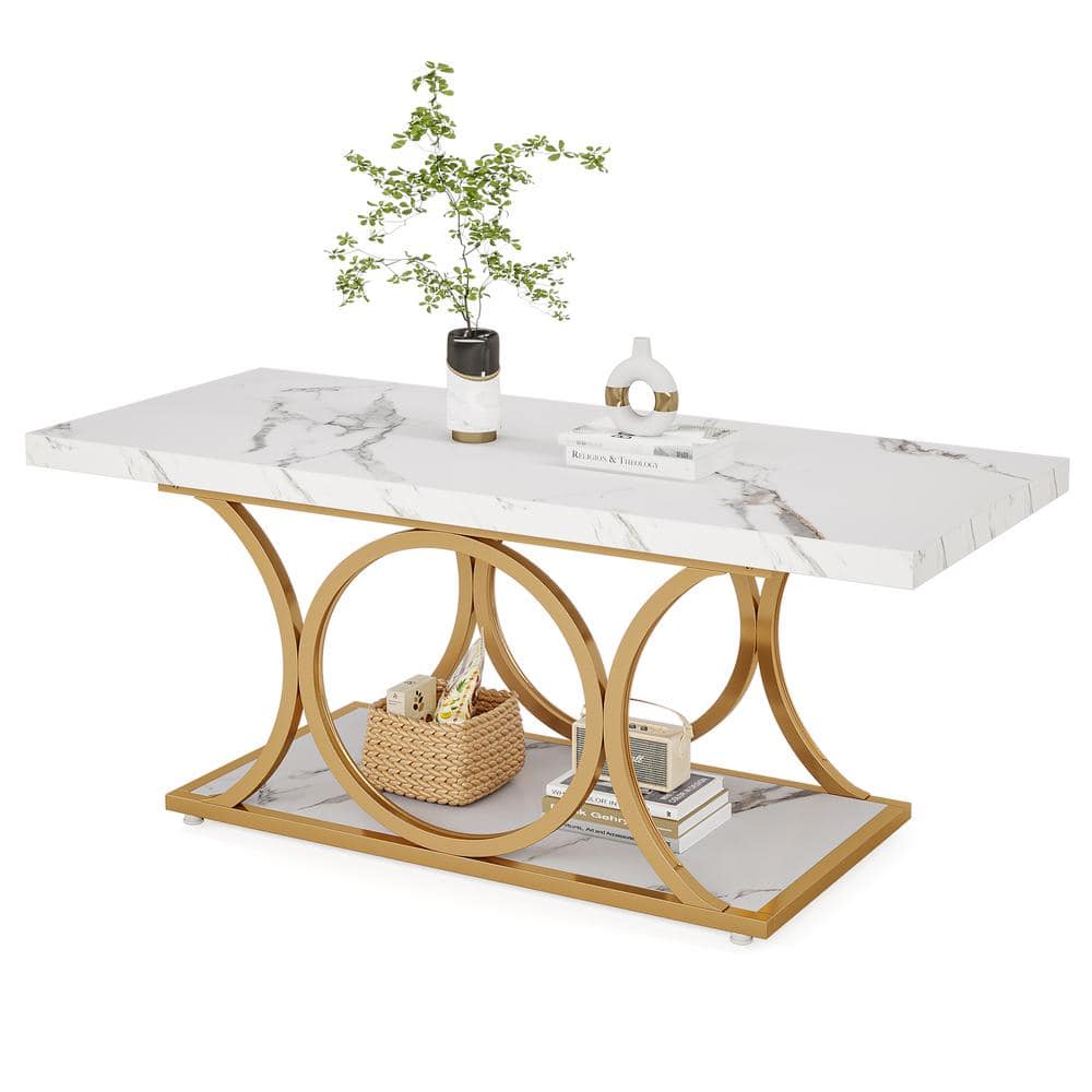 Allan 47.2 in. White Gold Rectangle Wood Coffee Table, 2-Tier Faux Marble Coffee Table with Geometric Metal Legs price history on PriceWatchPro