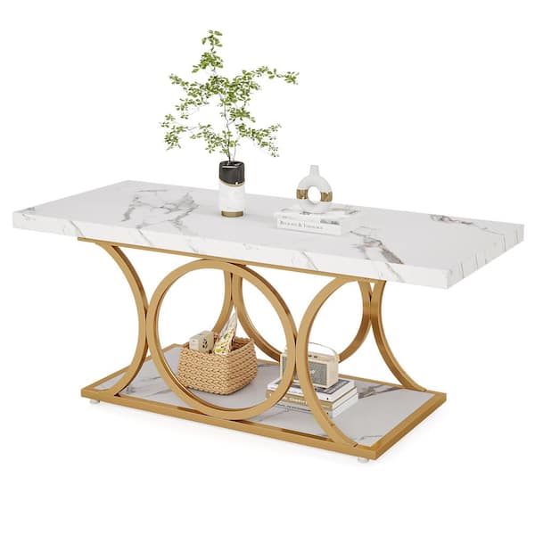 BYBLIGHT Allan 47.2 in. White Gold Rectangle Wood Coffee Table, 2-Tier Faux Marble Coffee Table with Geometric Metal Legs