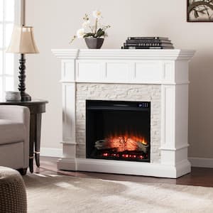 Jessa 45.75 in. Corner Convertible Touch Panel Electric Fireplace in Fresh White with Rustic White Faux Stone
