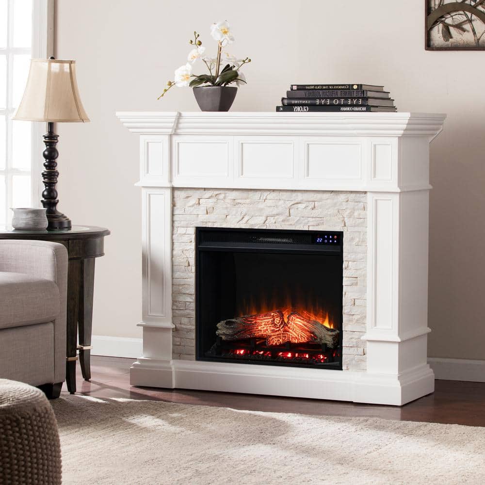 Southern Enterprises Jessa 45.75 in. Corner Convertible Touch Panel Electric Fireplace in Fresh White with Rustic White Faux Stone, Fresh white finish w/ rustic white faux stone -  HD053943