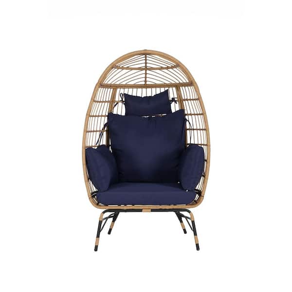 Outdoor Wicker Egg Chair with Dark Blue Cushion
