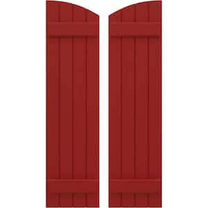 14 in. W x 31 in. H Americraft Exterior Real Wood Joined Board and Batten Shutters with Elliptical Top in Fire Red