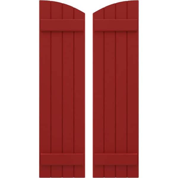 Ekena Millwork 14 in. W x 59 in. H Americraft Exterior Real Wood Joined Board and Batten Shutters with Elliptical Top in Fire Red