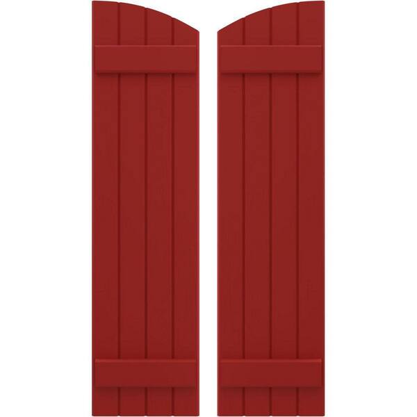 Ekena Millwork 14 in. W x 67 in. H Americraft Exterior Real Wood Joined Board and Batten Shutters with Elliptical Top Fire Red
