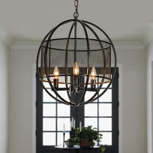 18 in. Industrial 3-Light Matte Black Chandelier with Caged Globe Metal Shade