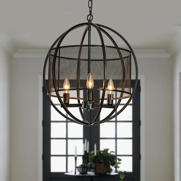 ALOA DECOR 18 in. Industrial 3-Light Matte Black Chandelier with Caged Globe Metal Shade