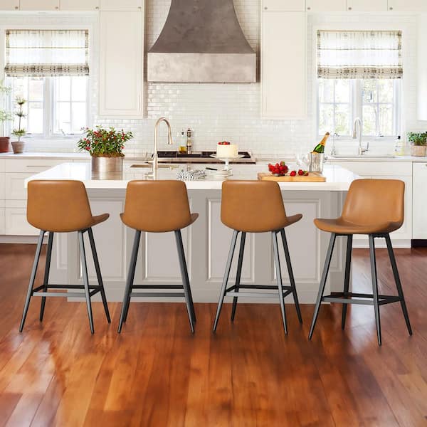 cozyman Abraham 26 in. Whiskey Brown Metal Counter Height Bar Stool Faux Leather Bar stool with Back Counter Stool (Set of 4)