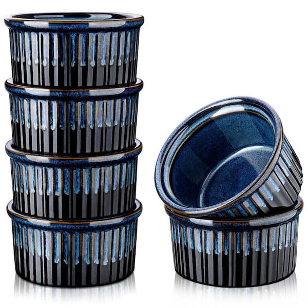 Stoneware 6-Piece Ramekins Set Blue Baking Dish Serving Dish Mini Baking Cups Snack Sauce Creme Brulee Souffle Dishes