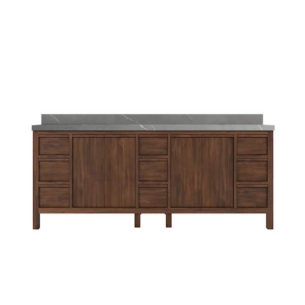 Willow Collections Elizabeth Teak 84 in. W x 22 in. D x 36 in. H Double Sink Bath Vanity in Dark Walnut with 2 in. Piatra Qt. Top