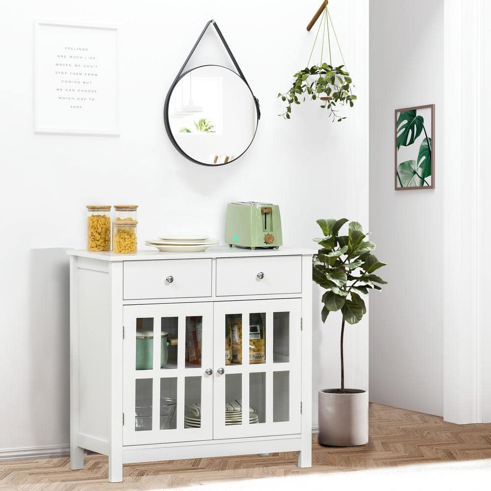Modern White Sideboard Buffet with Glass Doors and Drawers