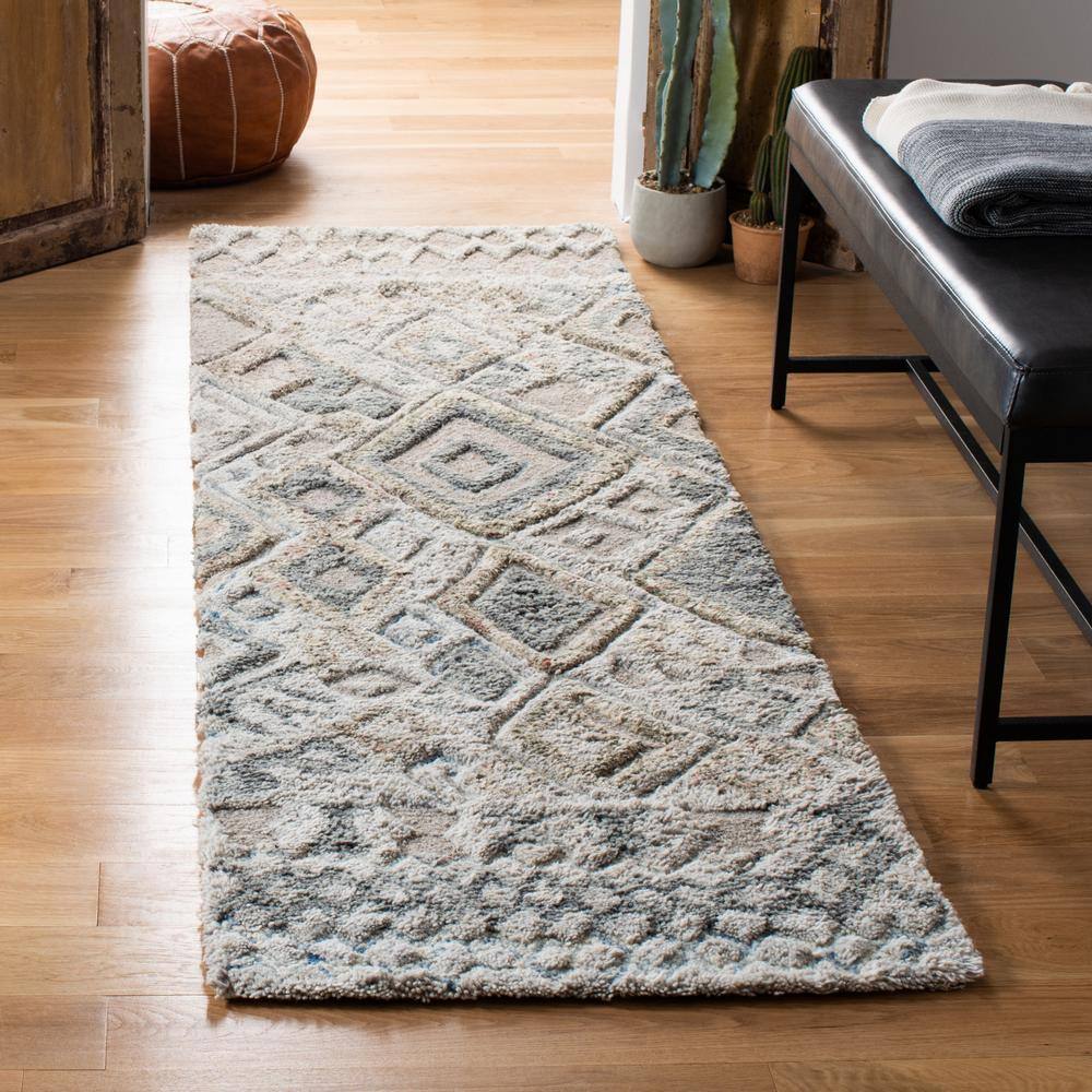 Grey and Olive Hand-Tufted Wool Moroccan Shag Runner Rug