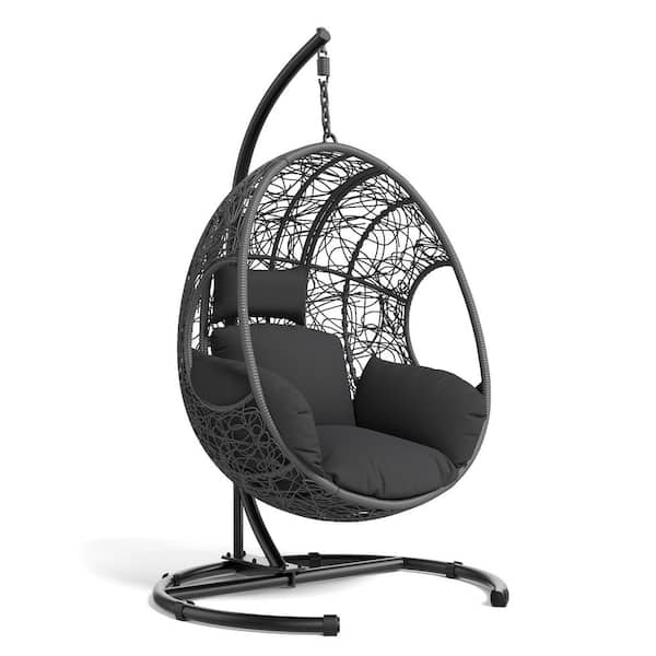 42 in. Freestanding Hanging Gray Egg Chair, 400 lbs. Outdoor Swing with Cushion, Weatherproof Rattan and Cover